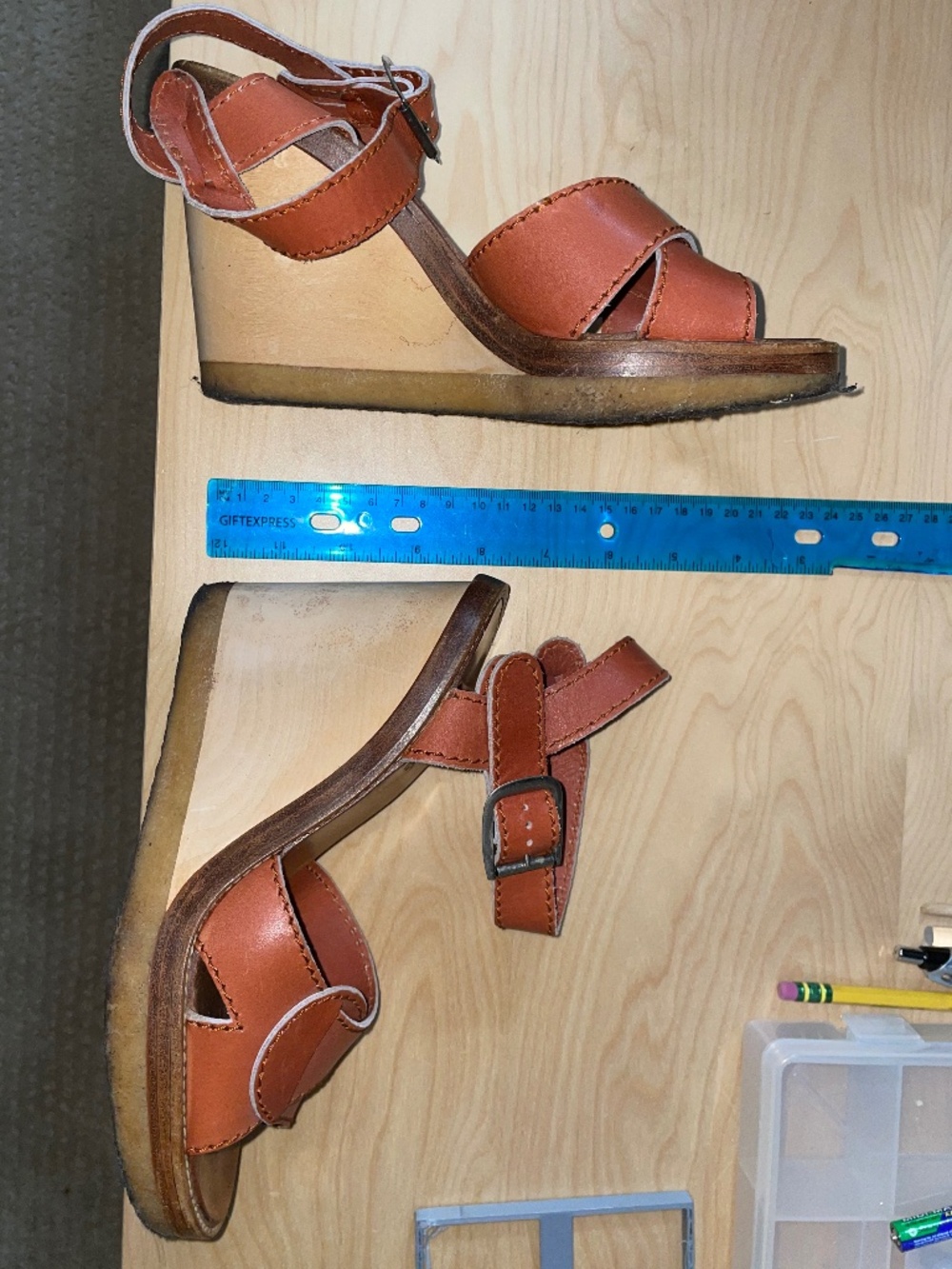 Chloé Vintage Cognac Leather Wooden Wedge Platform Sandals Size 38 (US 7.5/8) - Picture 7 of 7